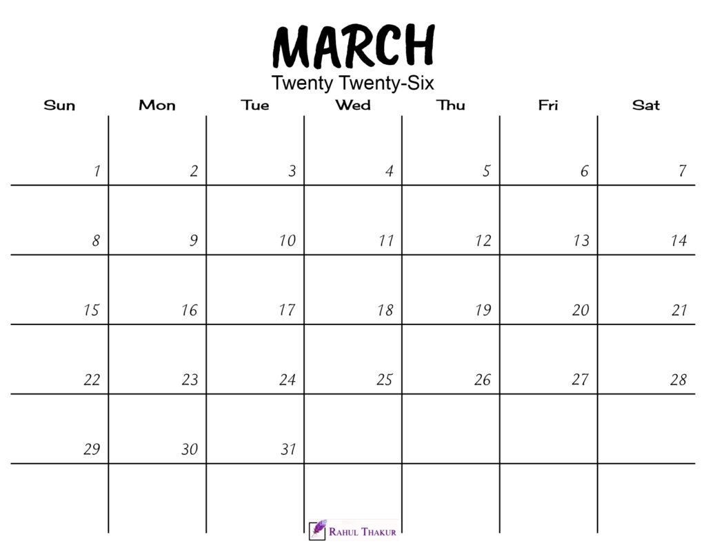 March 2026 Calendar Printable