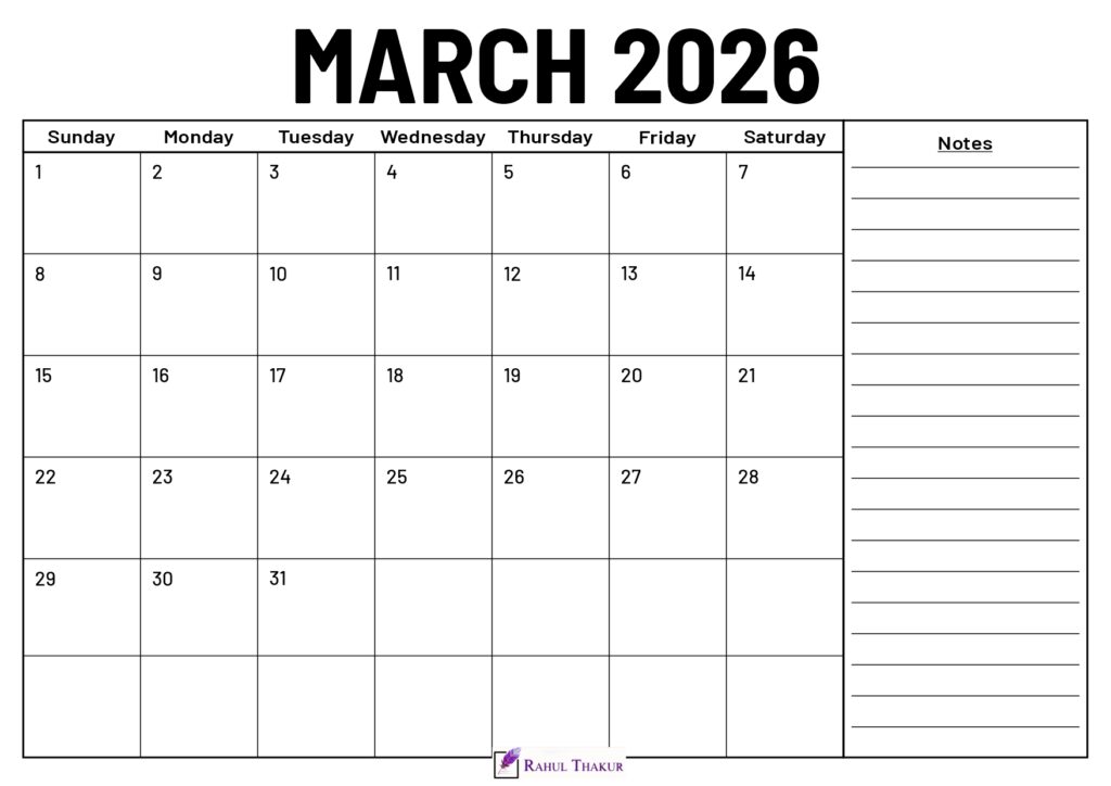 March 2026 Calendar With Notes