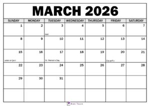 March 2026 Calendar with Holidays