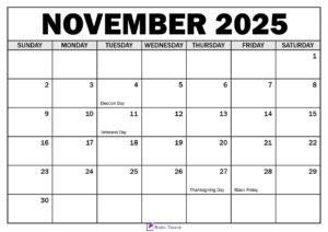 November 2025 Calendar with Holidays