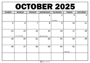 October 2025 Calendar with Holidays