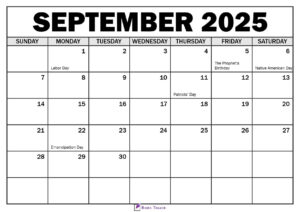 September 2025 Calendar with Holidays