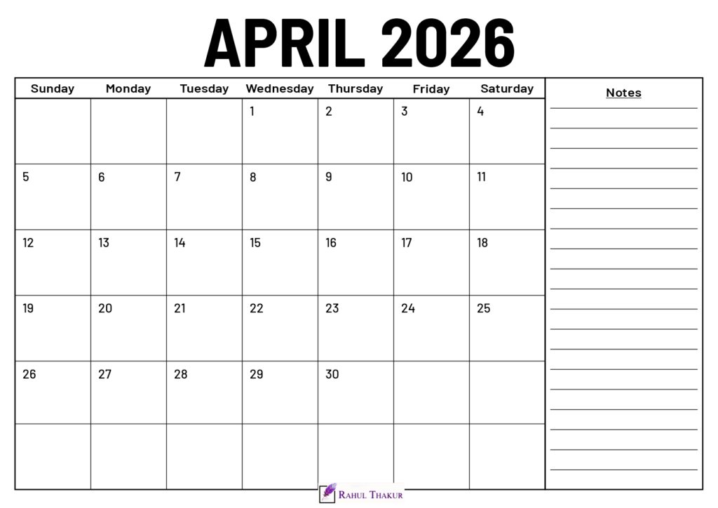 April 2026 Calendar With Notes