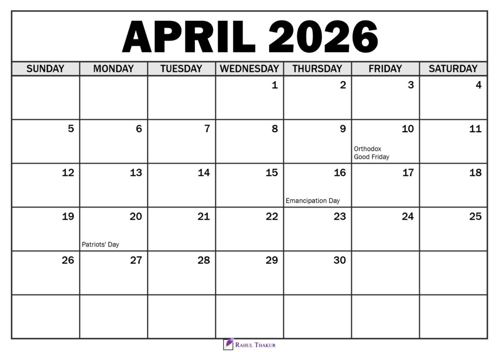 April 2026 Calendar with Holidays