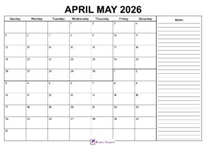 April May 2026 Calendar With Notes