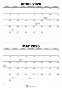 April May 2026 Calendar with Holidays