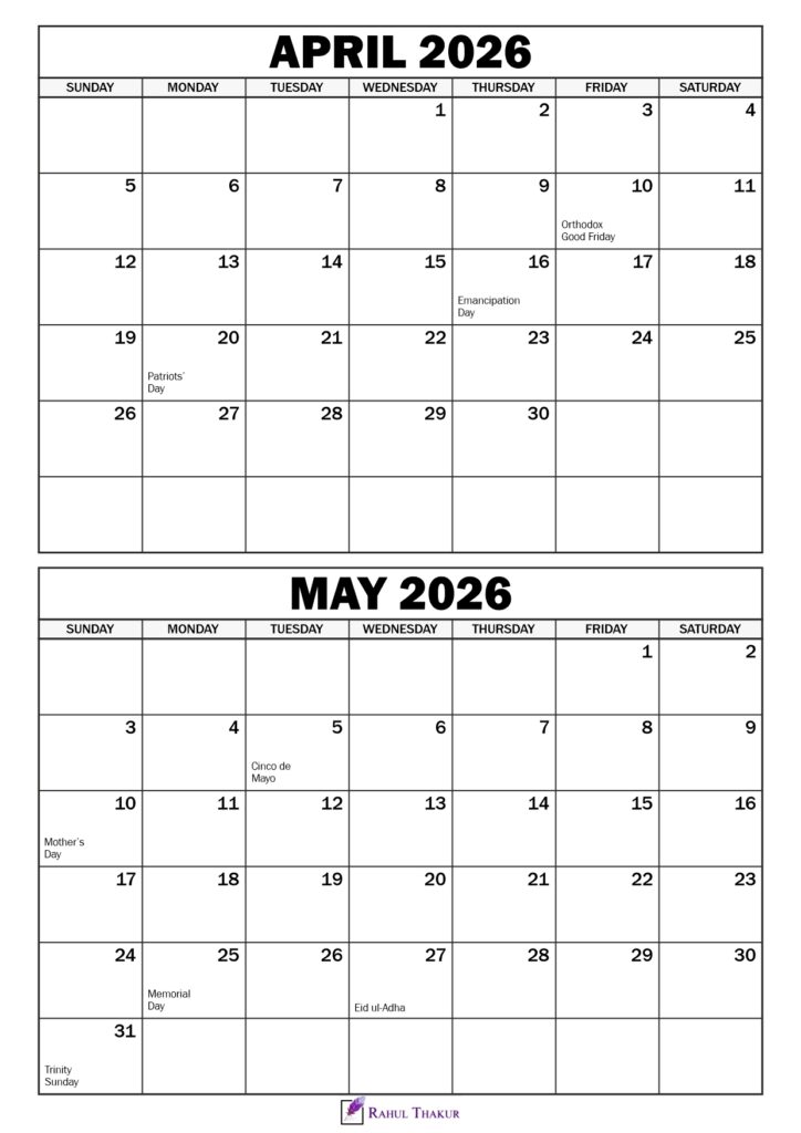 April May 2026 Calendar with Holidays