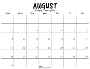 August 2026 Calendar Printable