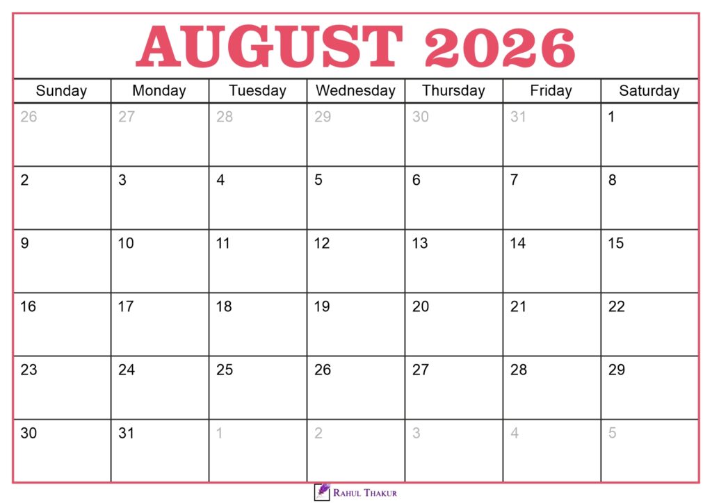 August 2026 Calendar Template