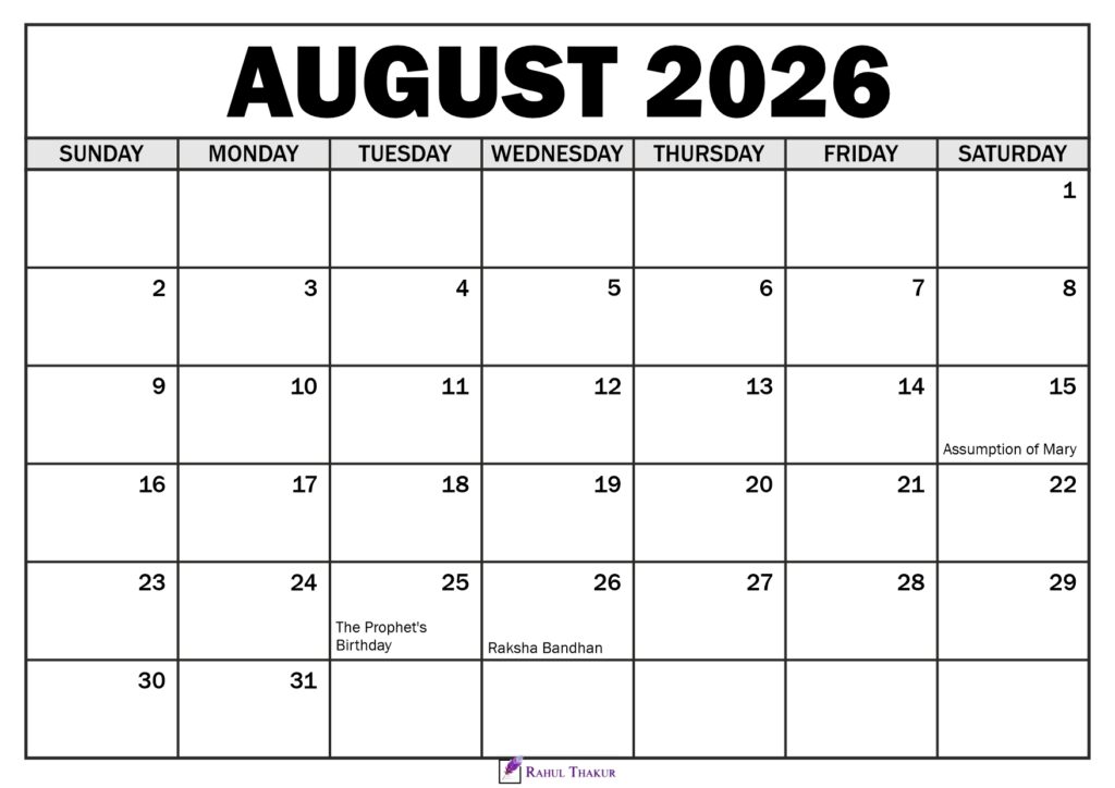 August 2026 Calendar with Holidays