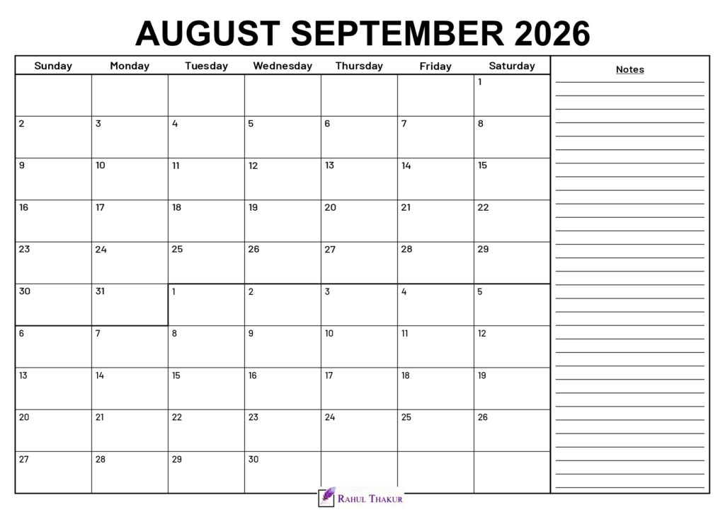 August September 2026 Calendar With Notes