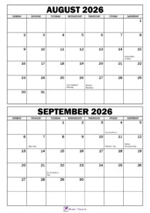 August September 2026 Calendar with Holidays