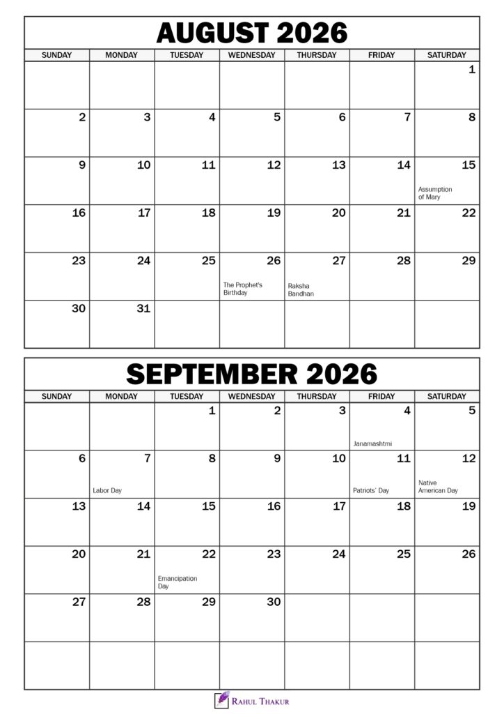 August September 2026 Calendar with Holidays