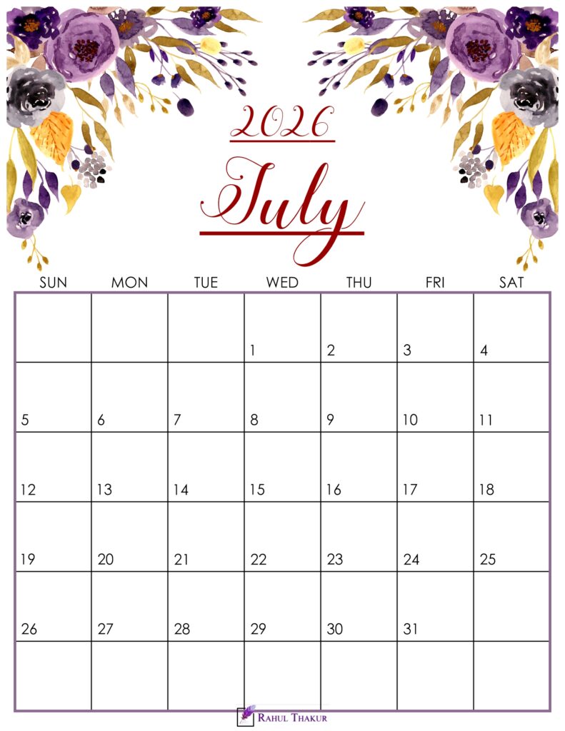 Cute July 2026 Calendar