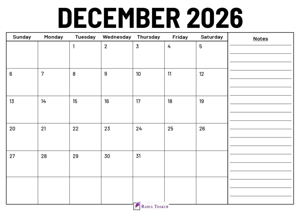 December 2026 Calendar With Notes