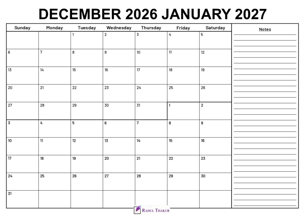 December 2026 January 2027 Calendar With Notes