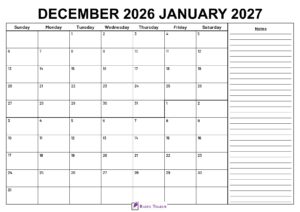 December 2026 January 2027 Calendar With Notes