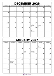 December 2026 January Calendar 2027 with Holidays