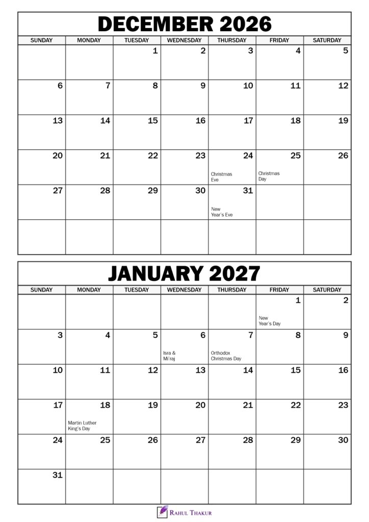 December 2026 January Calendar 2027 with Holidays