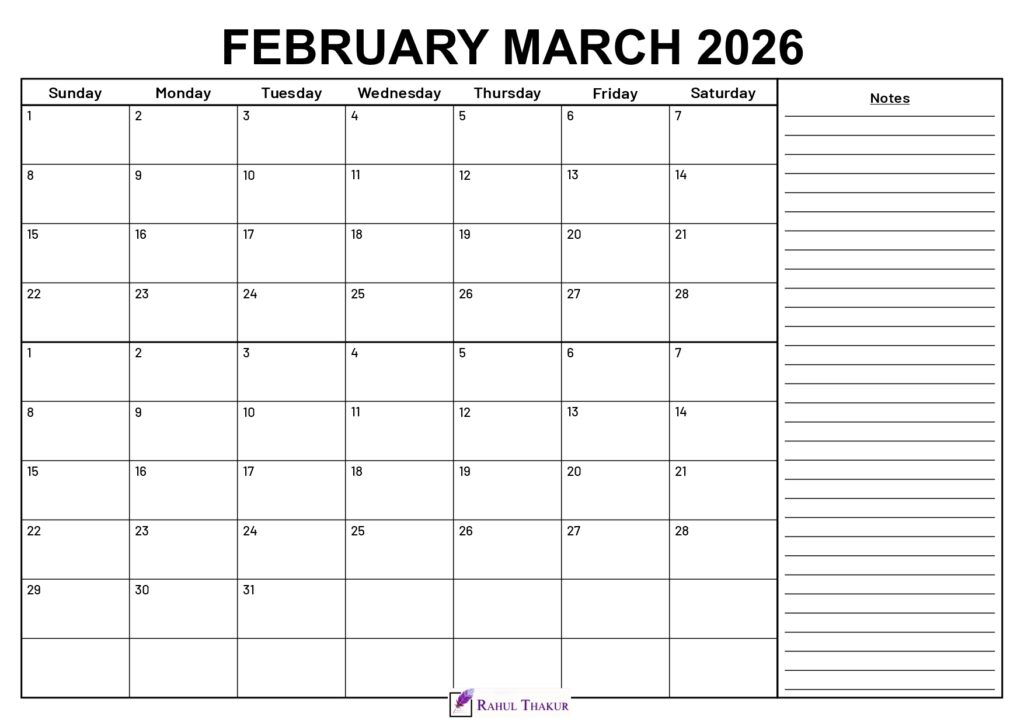 February March 2026 Calendar With Notes