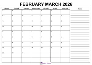 February March 2026 Calendar With Notes