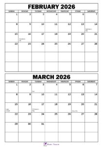 February March 2026 Calendar with Holidays