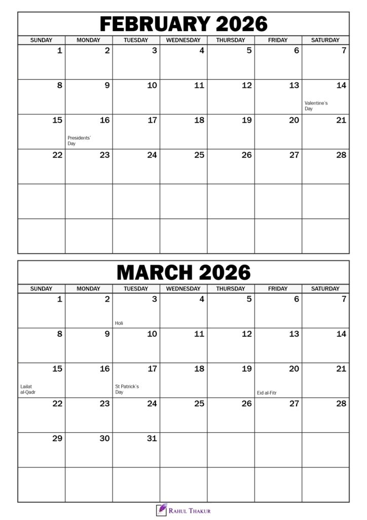 February March 2026 Calendar with Holidays