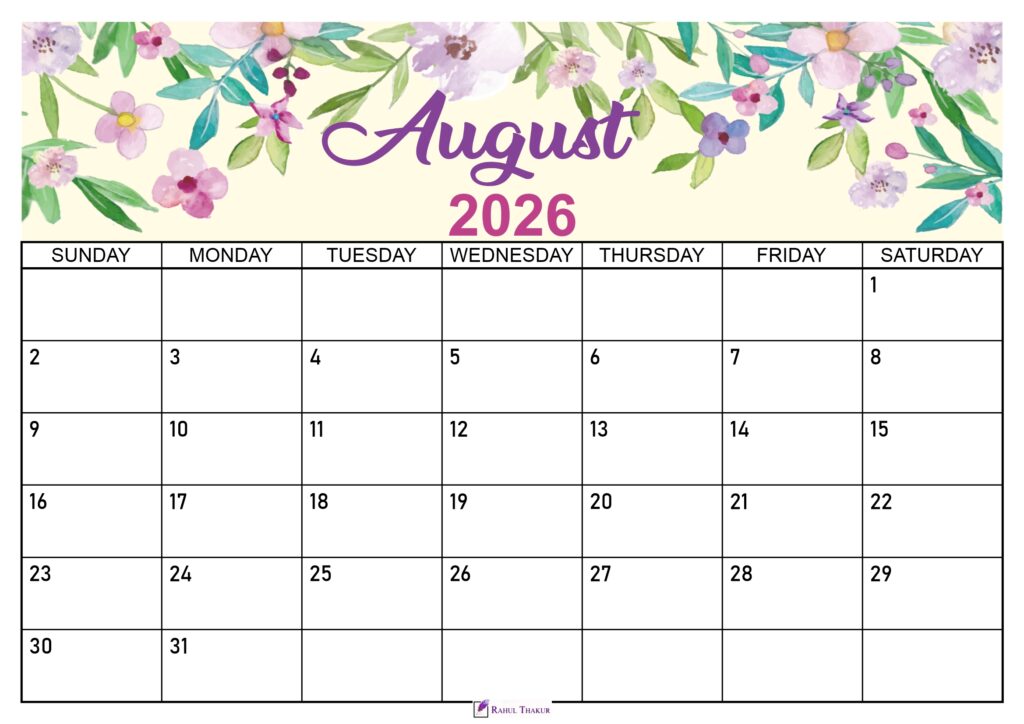 Floral August 2026 Calendar