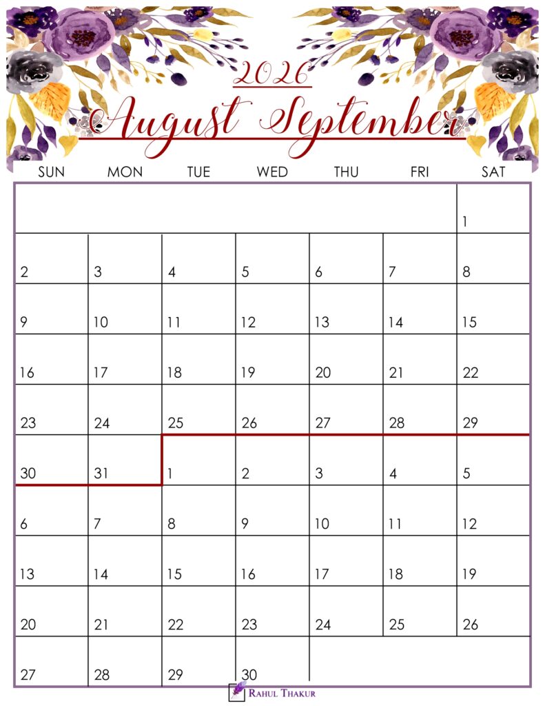 Floral August September 2026 Calendar