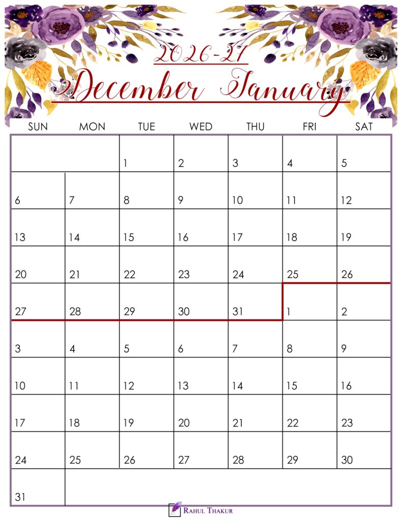 Floral December 2026 January 2027 Calendar