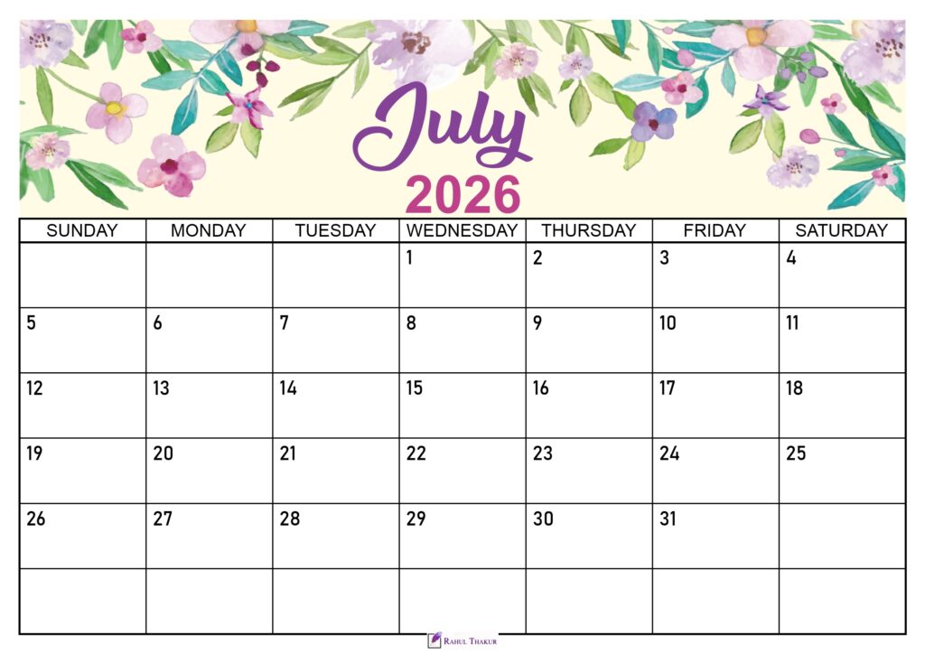 Floral July 2026 Calendar