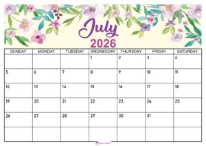 Floral July 2026 Calendar