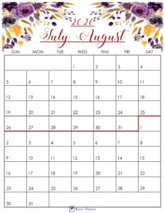 Floral July August 2026 Calendar