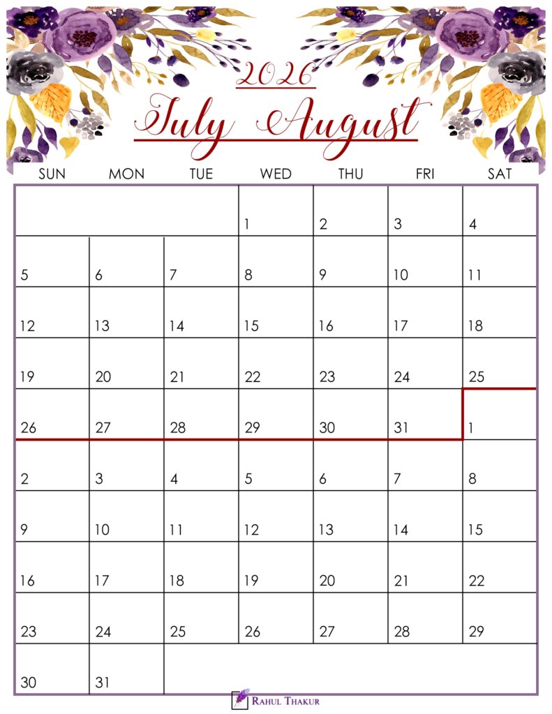 Floral July August 2026 Calendar