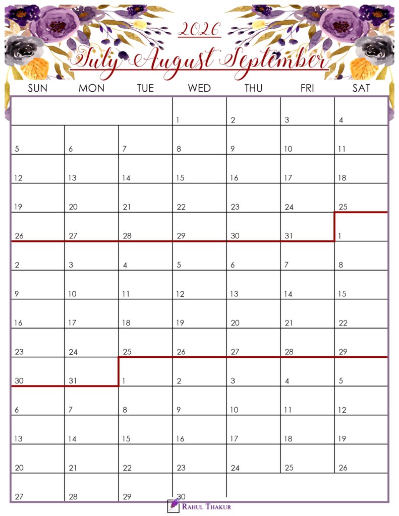 Floral July to September 2026 Calendar