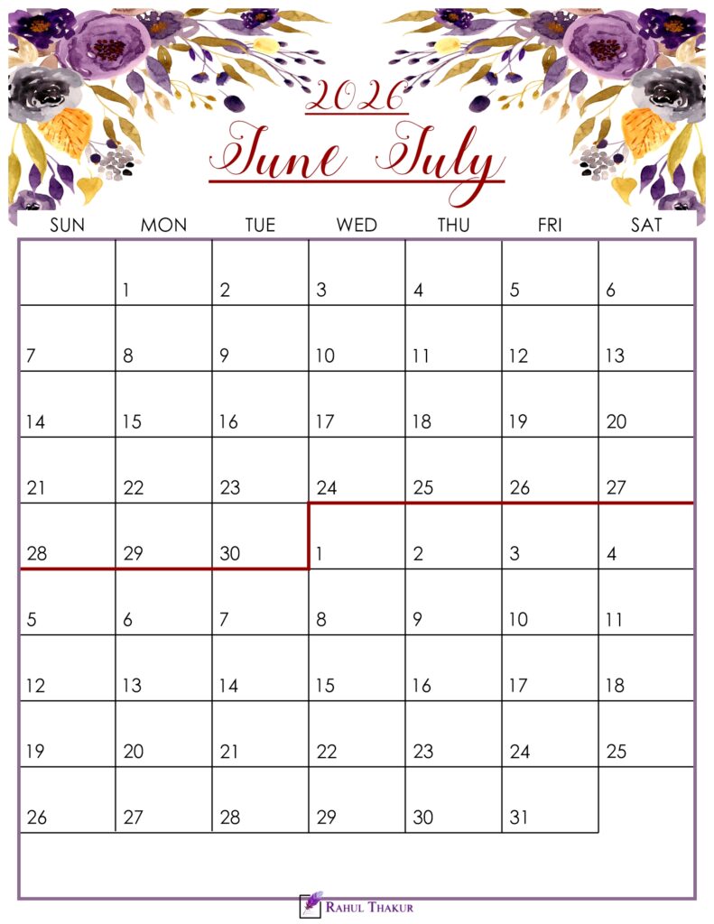 Floral June July 2026 Calendar