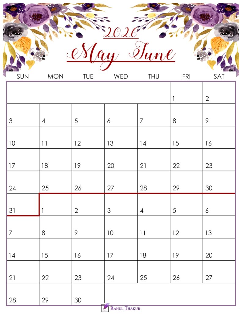 Floral May June 2026 Calendar