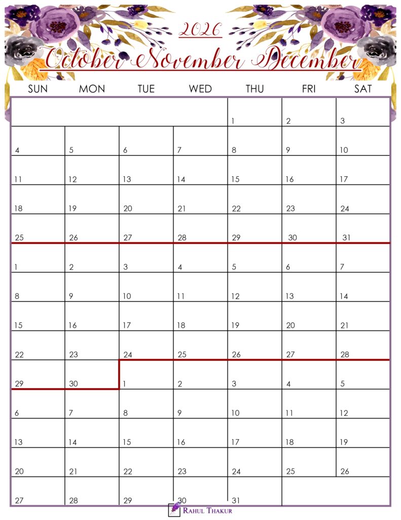 Floral October to December 2026 Calendar