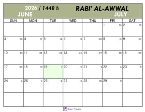 Hijri Calendar for Rabi Al-Awwal 1448