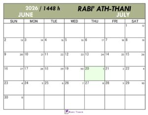 Hijri Calendar for Rabi Ath-Thani 1448