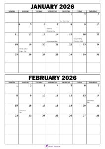 January February 2026 Calendar with Holidays