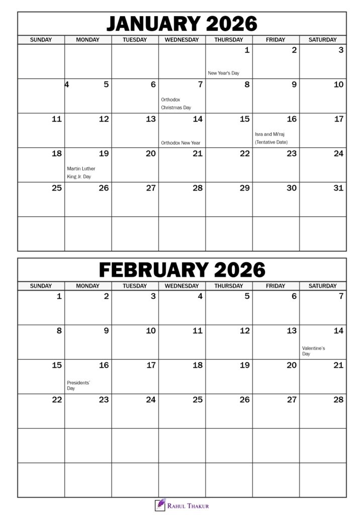 January February 2026 Calendar with Holidays