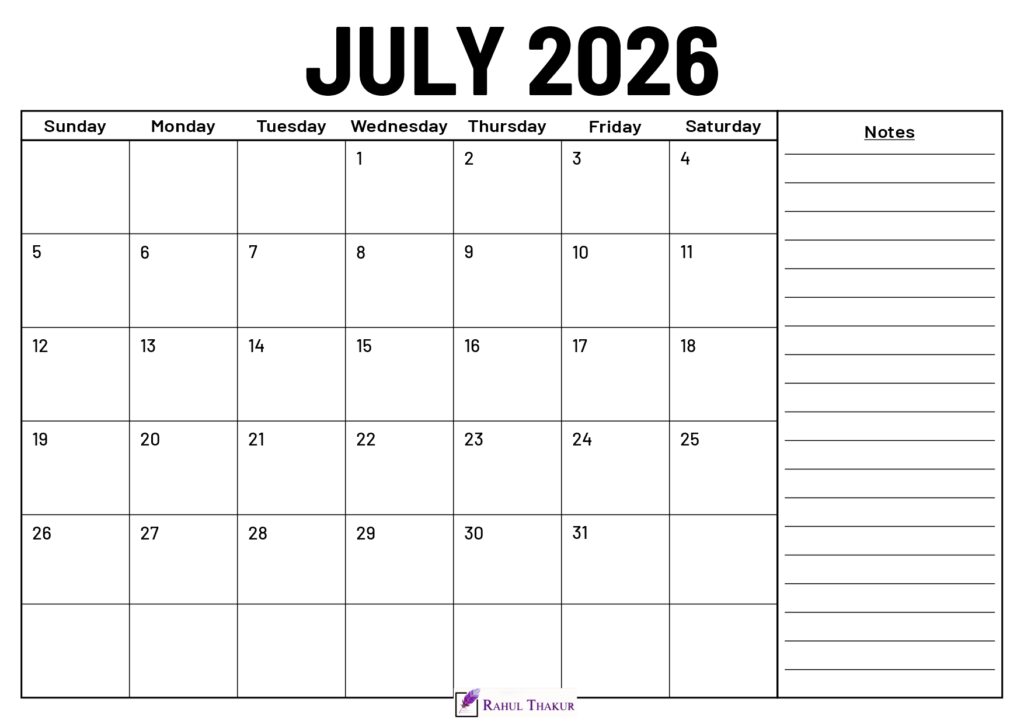 July 2026 Calendar With Notes