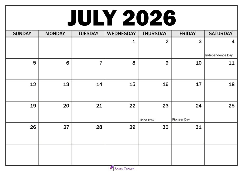 July 2026 Calendar with Holidays