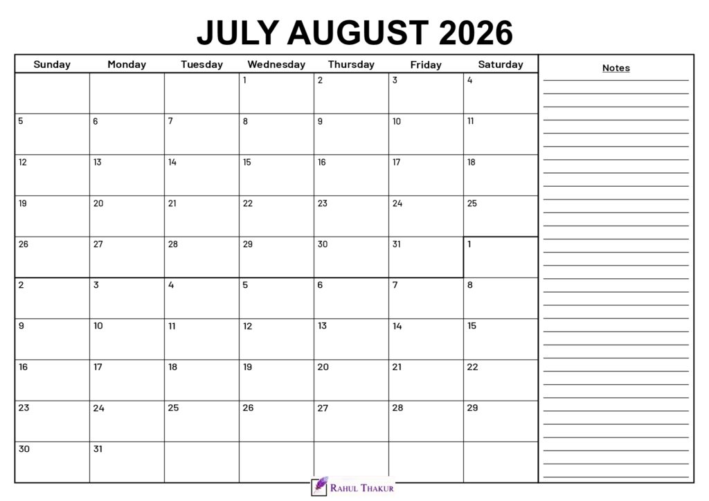 July August 2026 Calendar With Notes