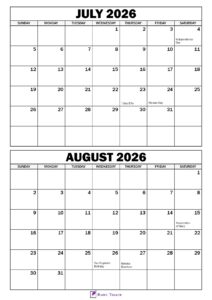 July August 2026 Calendar with Holidays