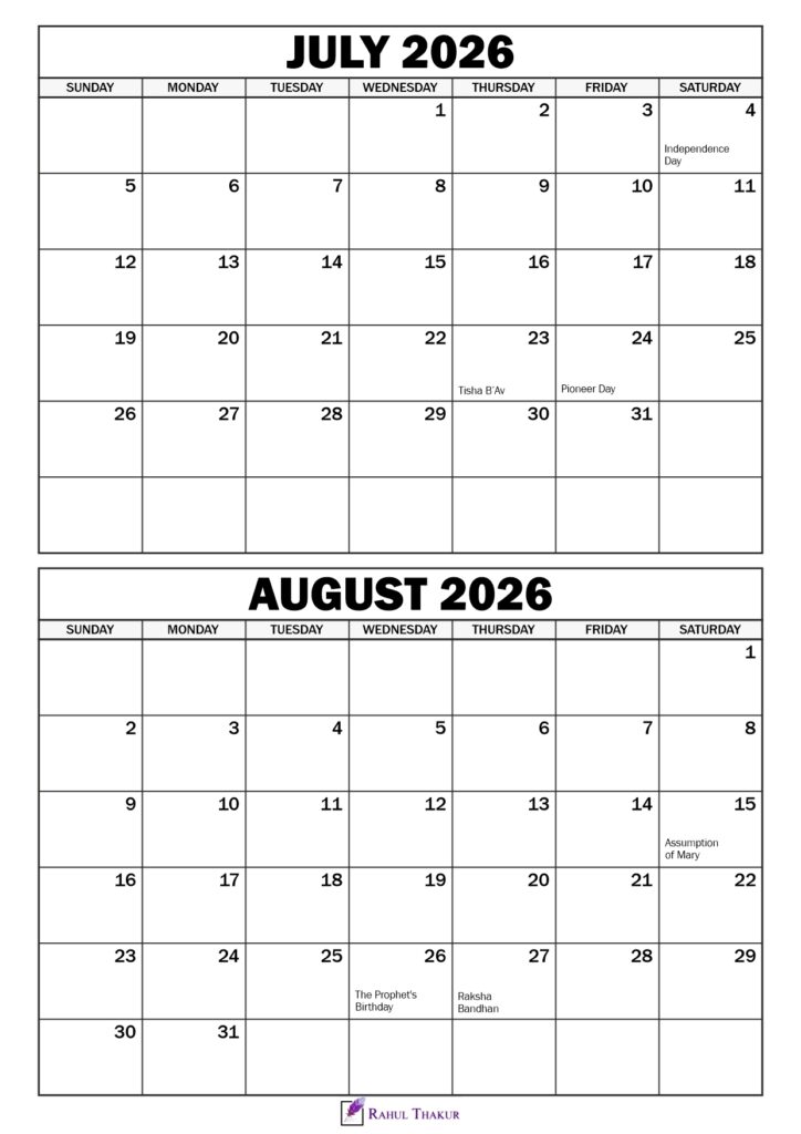 July August 2026 Calendar with Holidays