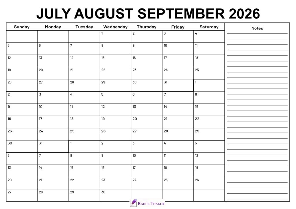 July to September 2026 Calendar With Notes