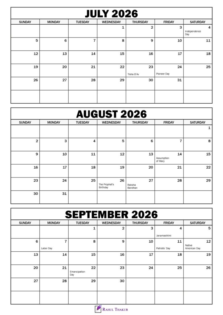 July to September 2026 Calendar with Holidays