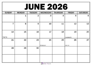 June 2026 Calendar with Holidays